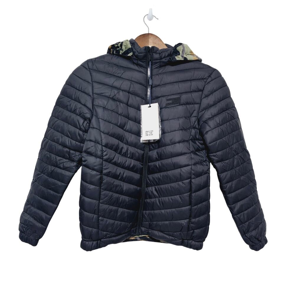 QLZ Reversible Winter Jacket Boys Size 8-10 Years Black Green Camo Pockets